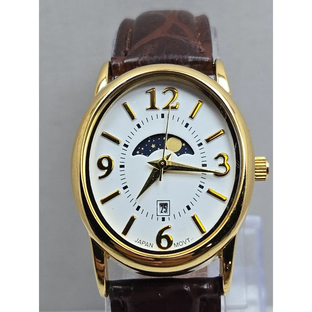 Womens Vintage Avon Moon Phase Date Womens Gold Tone Leather Watch New Battery